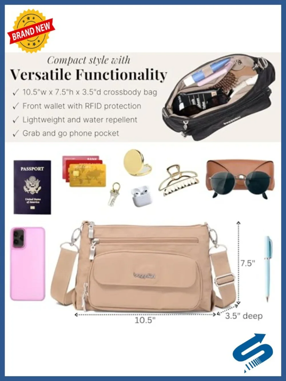 Crossbody Bag with RFID Protection, Lightweight Nylon, Zippered Travel Purse